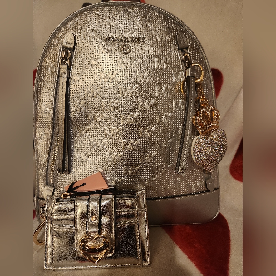 Michael Kors Brooklyn Backpack and JC wallet- Metallic Silver Michael Kors Jaycee Medium Zip Pocket Backpack MK Black  main image 2